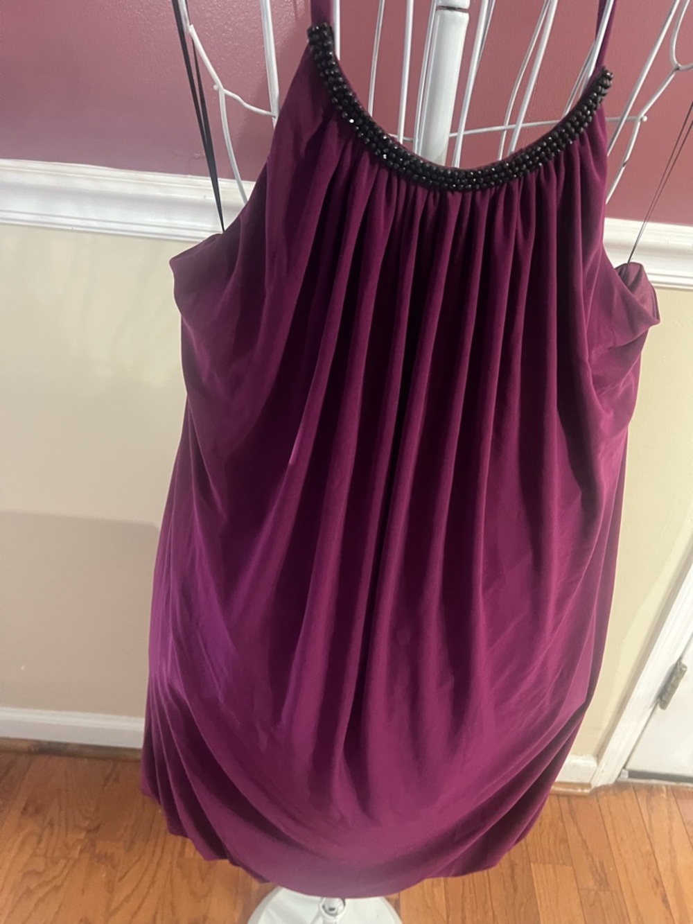 ABS Allen Schwartz Plum Backless Halter Dress with Black Beaded Neckline